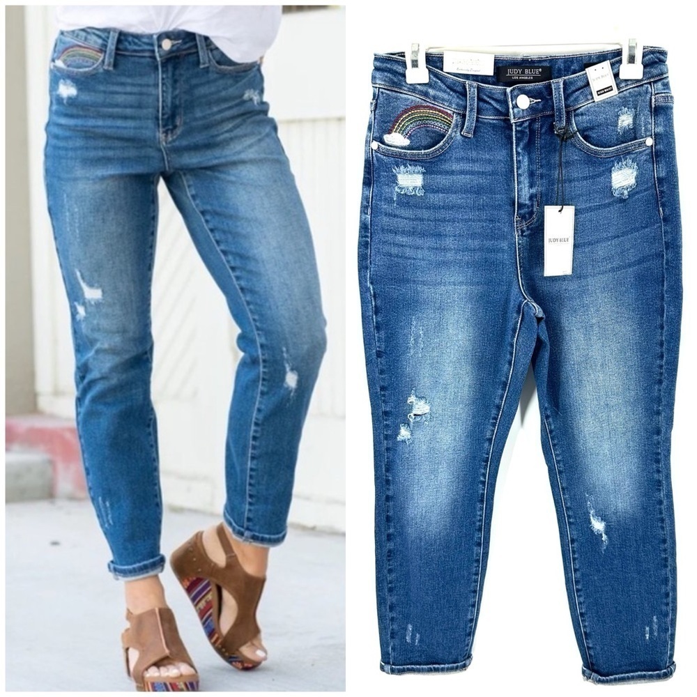 Judy Blue Jeans Womens 27 High Rise Straight Rainbow Embroidery Distressed Boho